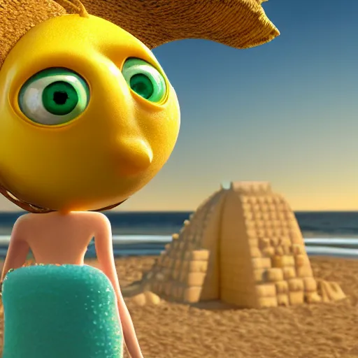 Image similar to 3 d octane render, of a hot anthropomorphic lemon female character inspired by the movie monsters inc, with lemon skin texture, she is wearing a hat, building a sandcastle on the beach at sunset, beach, huge waves, sun, clouds, long violet and green trees, rim light, cinematic photography, professional, sand, sandcastle, volumetric lightening