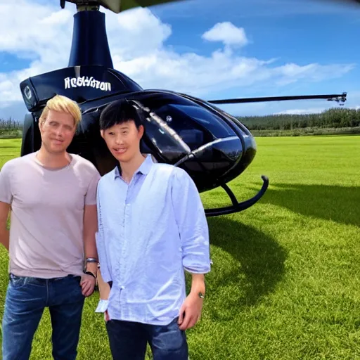 Image similar to blonde swedish guy and tall korean guy in front or robinson r 4 4 helicopter