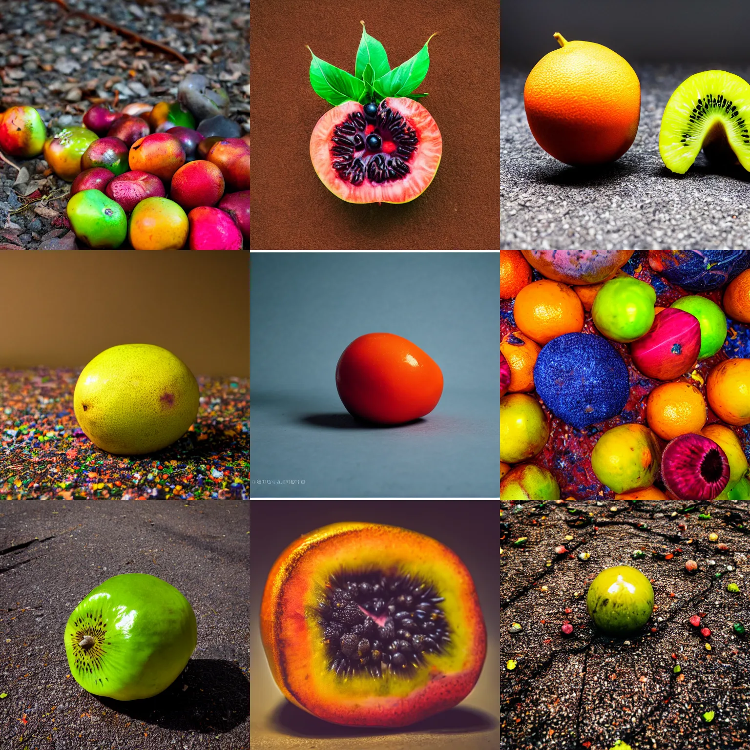 Prompt: Photograph of otherworldly fruit on the ground, vibrant, studio, f/4.5, 50 mm, 1/100 sec, ISO-250