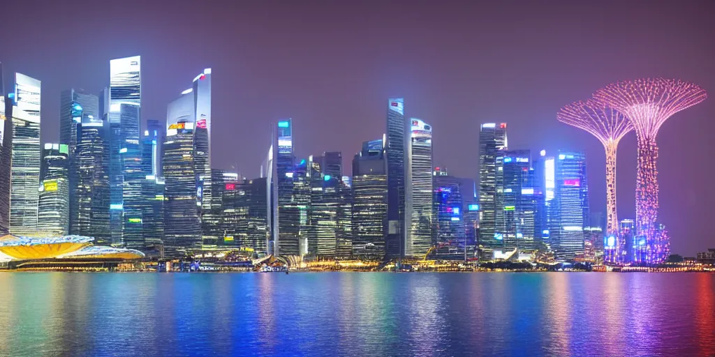 Image similar to futuristic singapour view at night from the sea