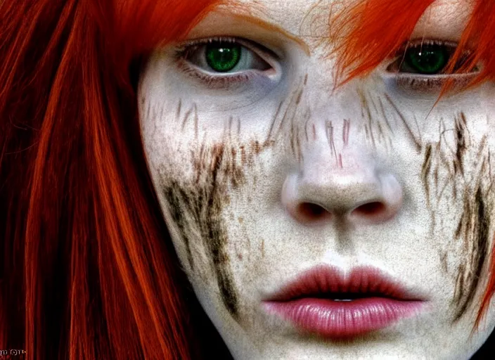 Image similar to award winning face close up portrait of a redhead in a park by hr giger