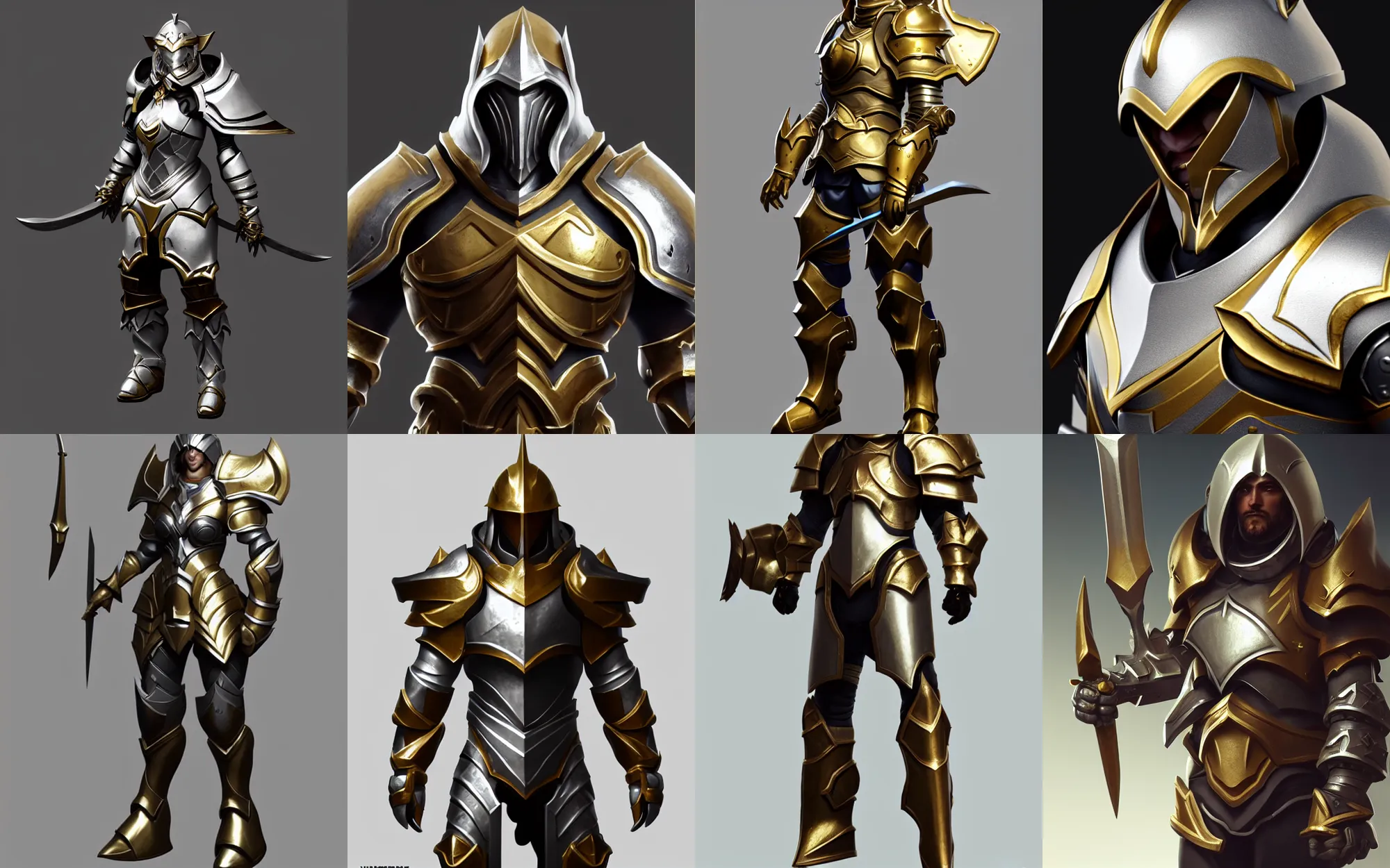 Prompt: stunning character art, epic paladin armor, trending on artstation, hd octane render, silver, gold trim, smooth shading, extremely clean, uncluttered, high quality, exaggerated proportions, very professional