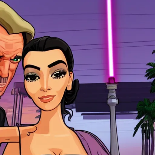 Prompt: gta vice city loading screen kim kardashian and ben shapiro in star wars episode 3 and indiana jones bruce willis and lady and the tramp on crack ultra detail