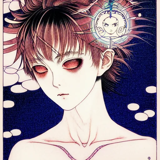 Image similar to prompt: Fragile looking character soft light portrait face drawn by Takato Yamamoto and Katsuhiro Otomo, tattooed face, inspired by Sailor Moon anime, alchemical objects on the side, soft light, intricate detail, intricate gouache painting detail, sharp high detail, manga and anime 2010