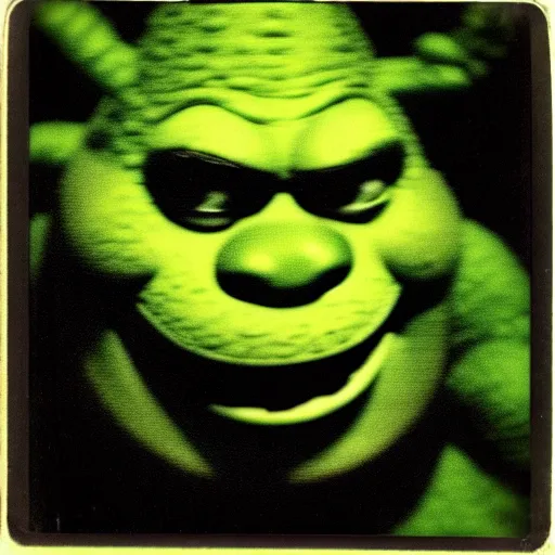 Image similar to horrifying old polaroid of monster shrek staring from the depths of the dark gloomy forest, photo by beksinsky, carpenter, creepy pasta, photorealistic, grainy, found footage, old film, low quality, horror, creepy, unsettling, terrifying