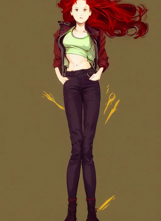 Image similar to full-body shot of an attractive tomboy girl with long, crimson red hair and red eyes, wearing a brown, open jacket and green jeans with a stern look, concept art, character design, by WLOP, by Ross Draws, by Tomine, by Satoshi Kon, by Rolf Armstrong