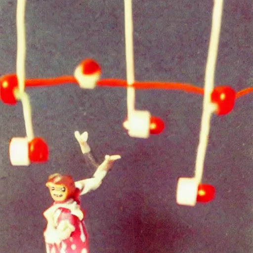 Prompt: 1 9 5 0 s children toys on strings leaping towards you, scary, fear, horror, thriller, jump scare, pov, polaroid,