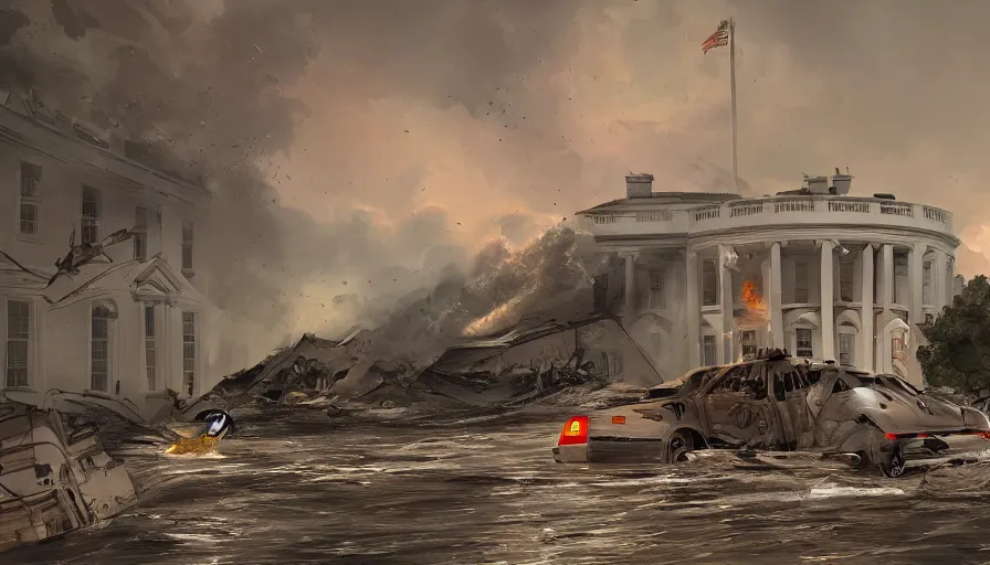 Image similar to washington dc underwater, lifeboat, rescue, damaged collapsed buildings, white house on fire, storm, fire and ashes, hyperdetailed, artstation, cgsociety, 8 k