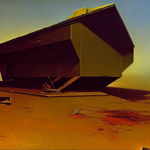 Prompt: painting of a steel house made of steel, syd mead, beksinski, andreas achenbach