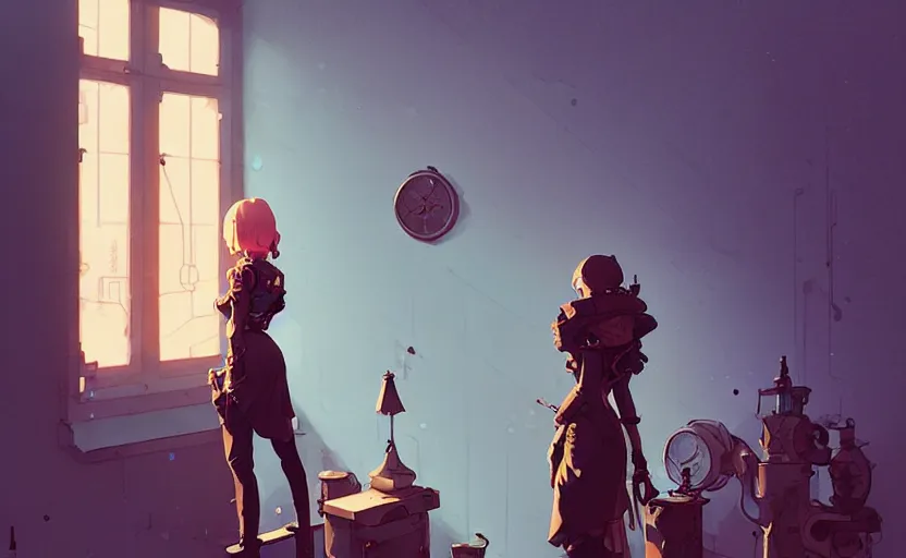 Image similar to female steampunk princess standing near the window by atey ghailan, by greg rutkowski, by simon stalenhag, by greg tocchini, by james gilleard, by joe fenton, by kaethe butcher dynamic lighting, gradient light blue, brown, blonde cream and white color scheme, grunge aesthetic