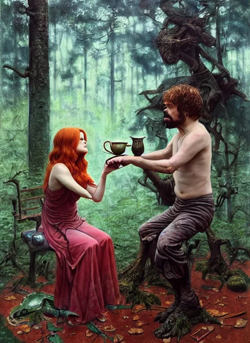 Image similar to peter dinklage having tea with isla fisher at a shrine in the woods gorgeous lighting, lush forest foliage blue sky a hyper realistic painting by chiara bautista and beksinski and norman rockwell and greg rutkowski weta studio, and lucasfilm