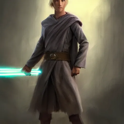 Image similar to a young blonde male jedi with short hair looking away at a threat full body shot concept art by Doug Chiang cinematic concept art, realistic painting, high definition, digital art, matte painting, symmetrical, very detailed, realistic, dramatic lighting, cinematic, establishing shot, extremely high detail, photo realistic, cinematic lighting, post processed, concept art, artstation, matte painting, red color scheme