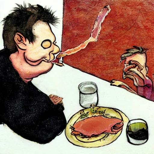 Prompt: lord francis bacon eating bacon with kevin bacon in the style of francis bacon