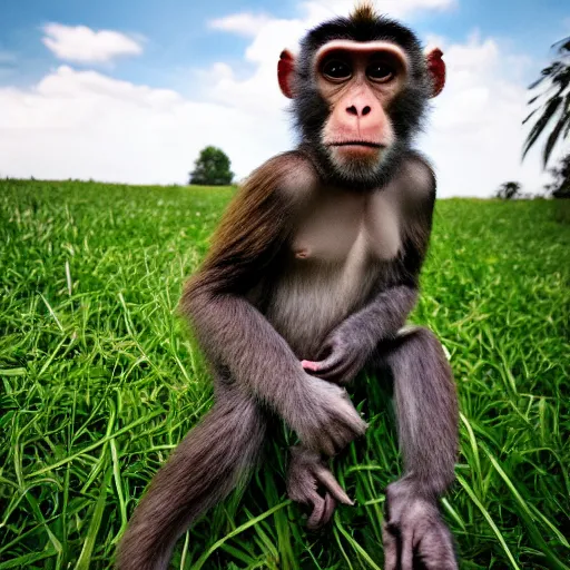 Prompt: a man next to a monkey in a grassy field