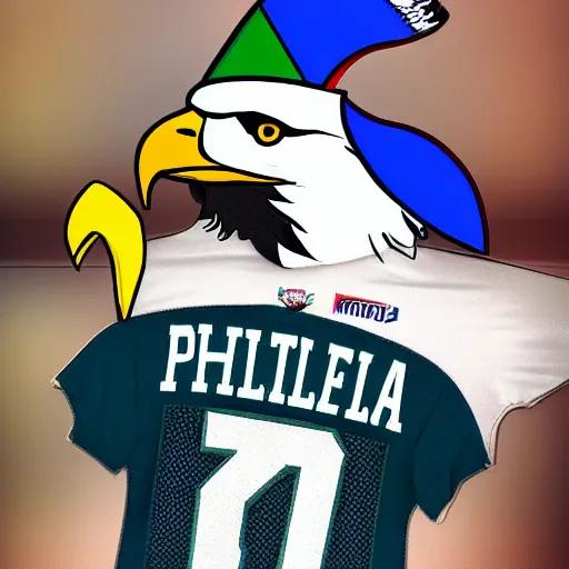 Image similar to an eagle with a party hat on and a philadelphia football jersey on,