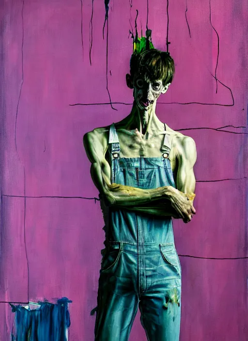 Image similar to an insane, skinny, artist wearing dirty, torn overalls, expressive painting the walls inside a grand messy studio, depth of field, hauntingly surreal, highly detailed painting by francis bacon, edward hopper, adrian ghenie, glenn brown, soft light 4 k in pink, green and blue colour palette, cinematic composition,