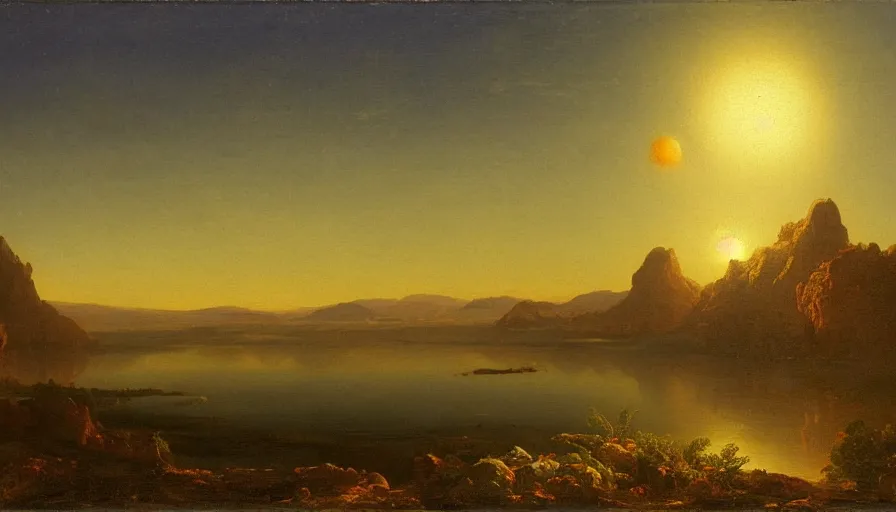Prompt: a landscape painting depicting a remote arid planet with two suns above, oil on canvas, hudson river school, Thomas Cole, Fredric Edwin Church