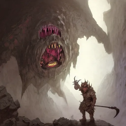 Image similar to A gully-dwarf fighting a Beholder in a cavern in the Underdark, wide view, intricate, Dungeons and Dragons, highly detailed, artstation, concept art, smooth, sharp focus, illustration, art by greg rutkowski and orientalism and bouguereau and Zdzislaw Beksinski, good clear quality, lighting, biology, symmetrical artwork, perfect face, 135 mm, cinematic, hyper realism, high detail, octane render, 8k, chrome accents