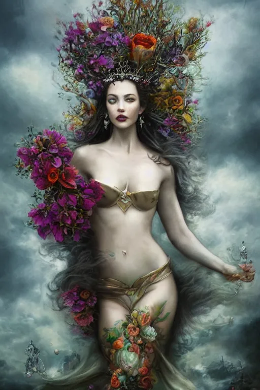 Prompt: full body fine art photo of the beauty goddess catriona balfe, she has a crown of stunning flowers and gemstones, background full of stormy clouds, by peter mohrbacher