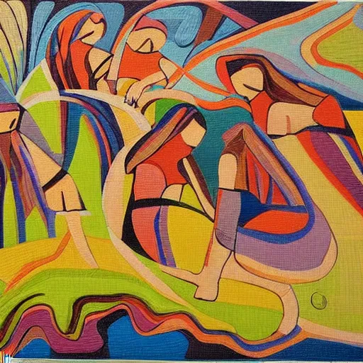 Prompt: the women sat by the river weaving the tapestry of life in and out backwards and forwards, abstract art in the style of paul gaughin,