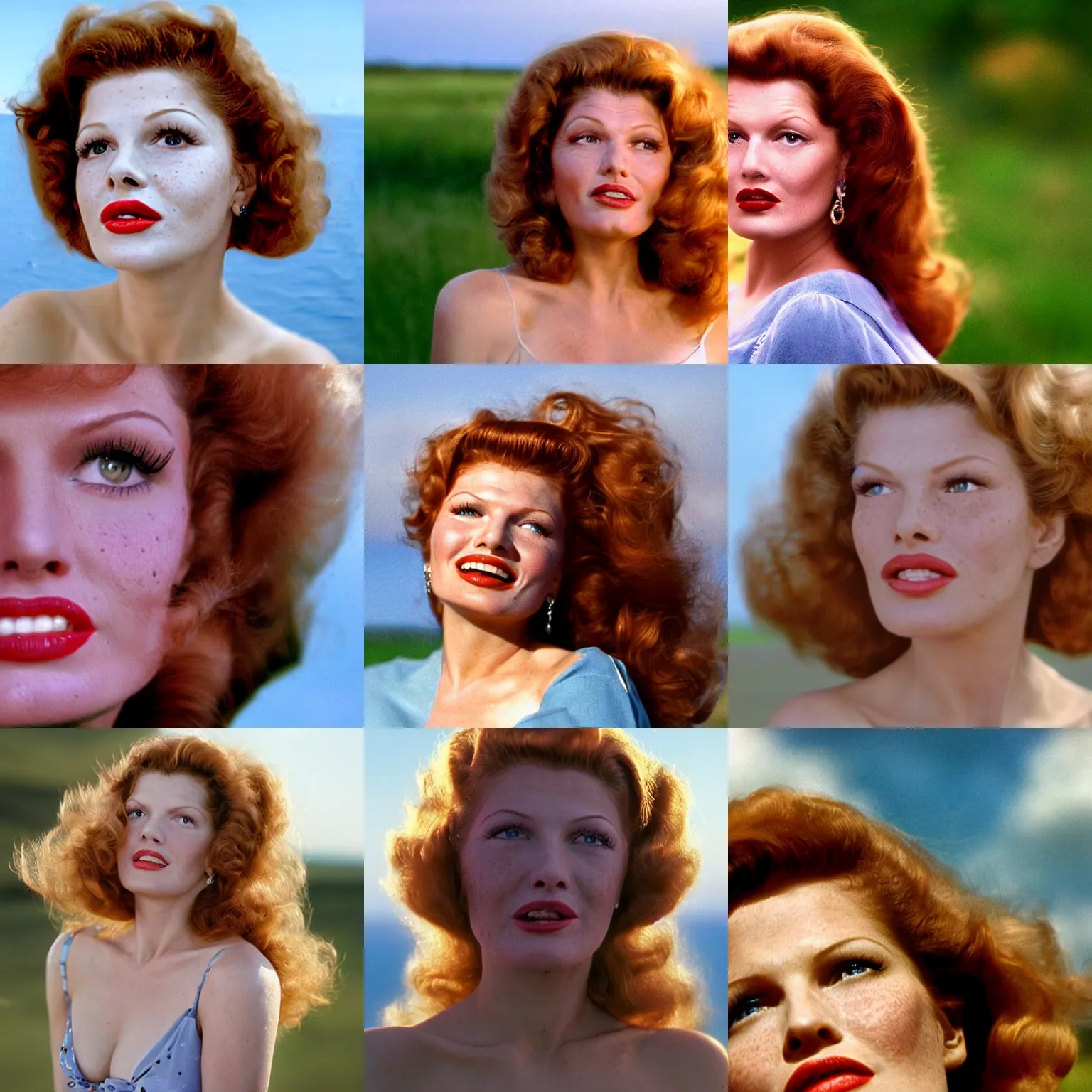 Prompt: natural 8 k close up shot from a 2 0 0 5 romantic comedy by sam mendes of rita hayworth with freckles, natural skin, beauty spots and small lips. she stands and looks on the horizon with winds moving her hair. fuzzy blue sky in the background. no make - up, no lipstick, small details, natural lighting, 8 5 mm lenses, sharp focus