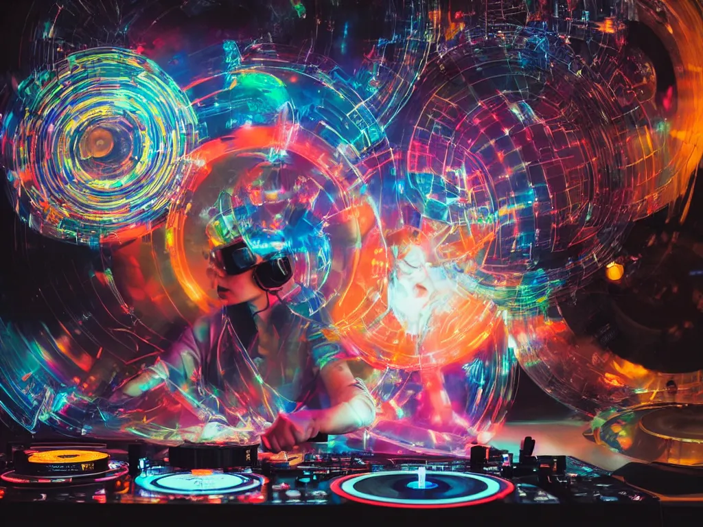 Prompt: a person wearing goggles and visor and headphones using a retro record player contraption, hologram, turntablism dj scratching, light trails, screens, smoky atmosphere, intricate planetary gears, cinematic, imax, sharp focus, leds, bokeh, iridescent, black light, fog machine, hazy, lasers, hyper color digital art