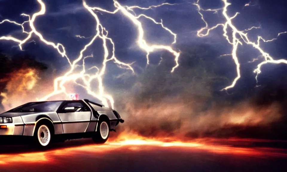 Prompt: scene from back to the future, delorean from back to the future driving very fast, lightning around the car, fire on the road, driving through a portal, motion blur