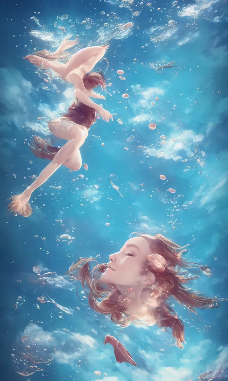 Image similar to a mix between a woman and a fish, diving in the air rounded by jelly clouds made by Stanley Artgerm Lau, WLOP, Rossdraws, ArtStation, CGSociety, concept art, cgsociety, octane render, trending on artstation, artstationHD, artstationHQ, unreal engine, 4k, 8k,