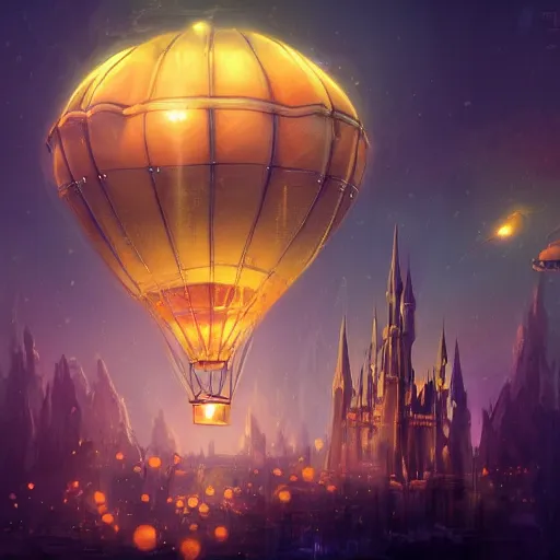 Image similar to a beautiful stunning fantasy whimsical matte digital illustration of a hot - air balloon powered by magic over a lit city at night by marc simonetti, pastel color palette, disney magic the gathering steampunk, chiaroscuro magical bokeh moon stars dramatic romantic, trending on artstation hq, masterpiece