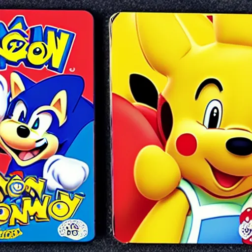 Image similar to photograph of winnie the pooh and super mario and sonic the hedgehog anime style, on pokemon card packs at target