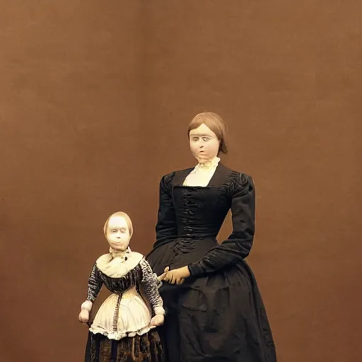 Image similar to portrait of a life size victorian female automaton standing in with a human child, 8 k, soft lighting, highly detailed realistic, face in focus 1 8 9 0's