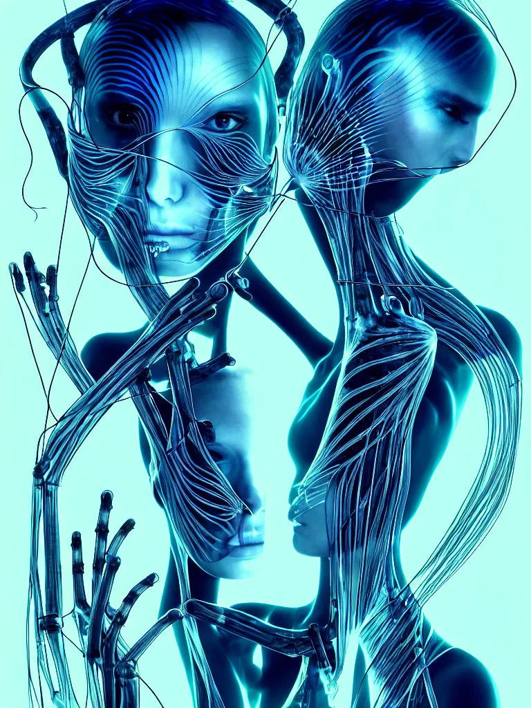 Prompt: x - ray bioscans, new ai race, style is mix of æon flux, hideo kojima, mobius, botticelli, pre - raphaelite, shoujo manga, ferrofluid, quantum deep magic, wires, veins, 4 k ultrafine detail, full shot,