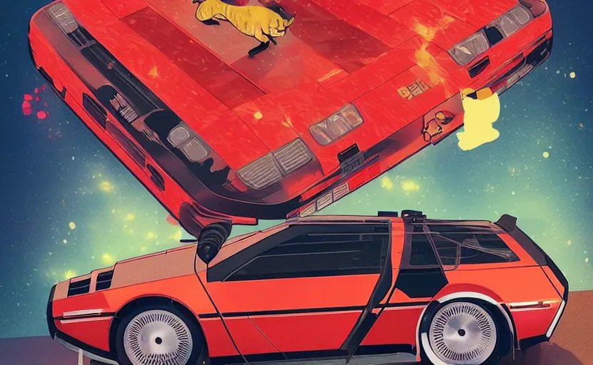 Image similar to a red delorean with a yellow tiger, art by hsiao - ron cheng & shinya edaki in a magazine collage style, # de 9 5 f 0