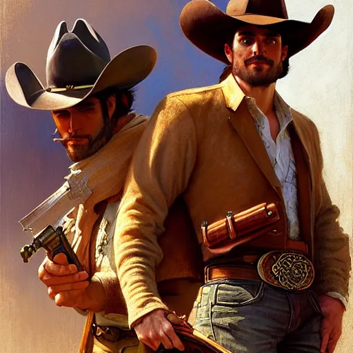 Prompt: attractive gunslinger and his handsome cowboy swordsman, they are in love, natural lighting, path traced, highly detailed, high quality, digital painting, by gaston bussiere, craig mullins, alphonse mucha, j. c. leyendecker