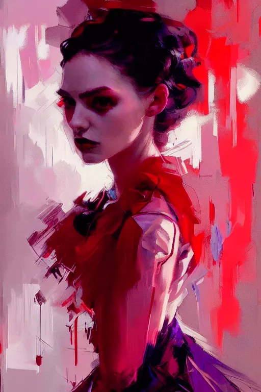 Image similar to portrait of a beautiful goth girl, shades of red and purple, beautiful face, rule of thirds, intricate outfit, spotlight, by greg rutkowski, by jeremy mann, by francoise nielly, by van gogh, digital painting