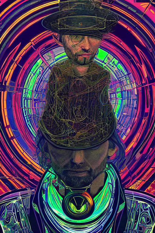 Prompt: A portrait of Thom Yorke as a cyberpunk wearing a bowler hat, iridescent highlights, surrounded by digital swirls, highly detailed, intricate, soft, sci-fi, sharp focus, glowing lines, art by Alphonse Mucha