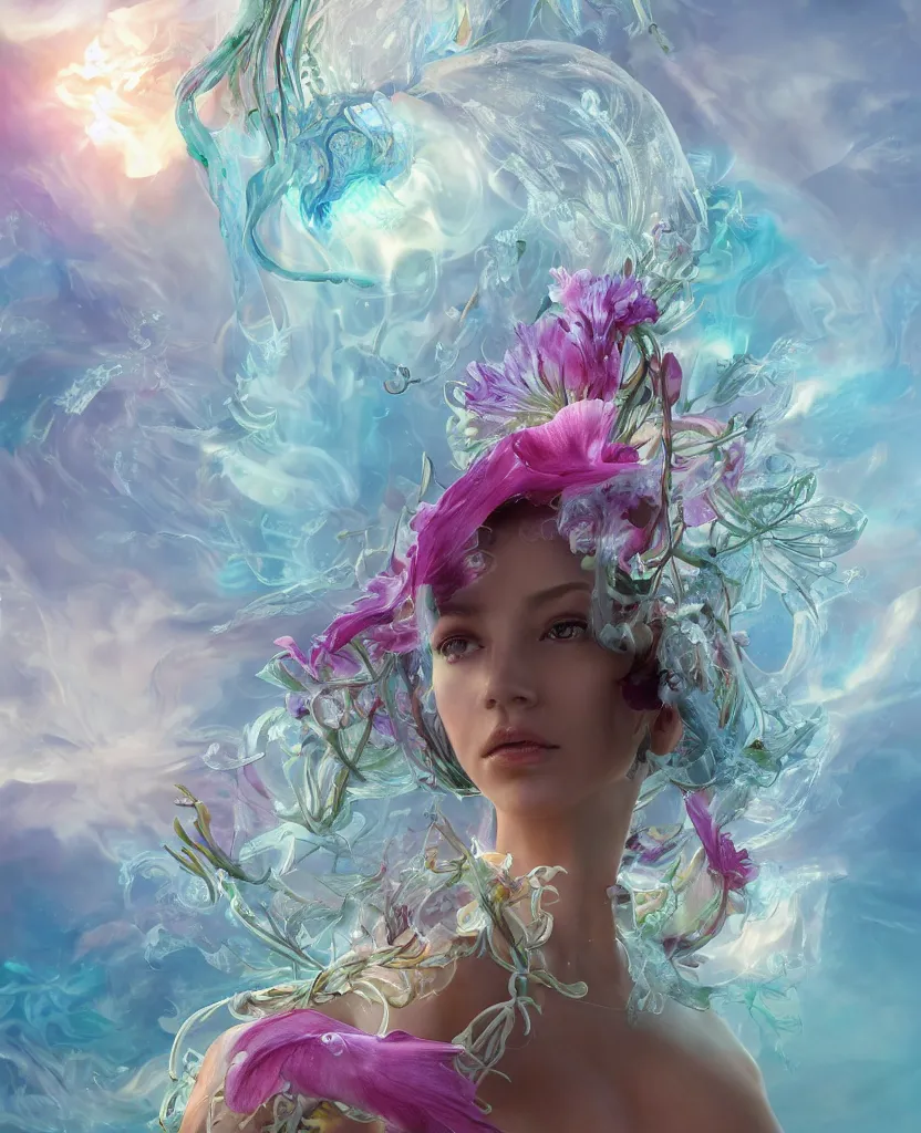 Prompt: 3 d android, face of a beautiful goddess mixed with jellyfish phoenix and bird and giant orchid!! flower and giant gladiola. midsommar style, intricate, elegant, surrounded by smoke and water energy flow. translucent nautilus, highly detailed. octane render, by wlop, tooth wu, greg rutkowski, alena aenami