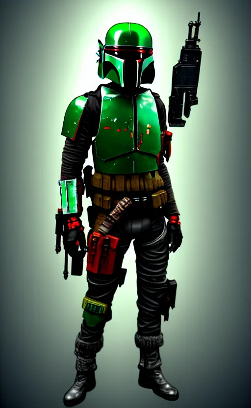 Image similar to cyberpunk mercenary inspired by boba fett in a scenic scifi environment