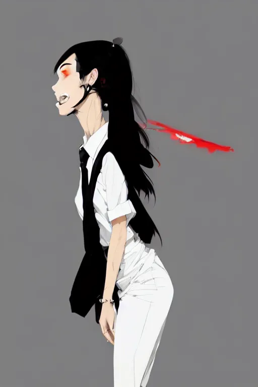 Image similar to a ultradetailed full body portrait of a woman dressed in a white shirt with a tie, by conrad roset, greg rutkowski and makoto shinkai trending on artstation