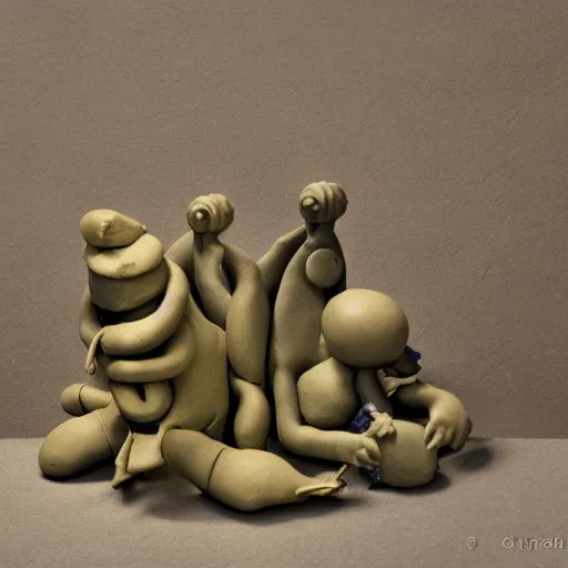 Image similar to weird little clay creatures designed by max ernst,