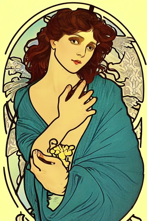 Prompt: Angel with Ring of light behind her, in the style of Alphonse Mucha