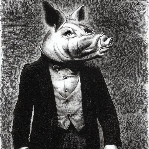 Image similar to a pig in a tuxedo, creepy atmosphere, dark, portrait, realistic, very realistic, illustration by Gustave Doré