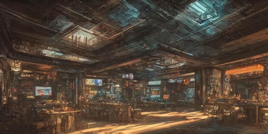 Image similar to Highly detailed realistic Digital concept interior design in style of Hiromasa Ogura and Josan Gonzalez of cyberpunk tavern with stone walls and neon lights, a lot of electronics, many details. Natural white sunlight from the transperient roof. Panorama on 360 degrees Rendered in 32K in VRAY and DaVinci Resolve and MAXWELL and LUMION 3D, Volumetric natural light