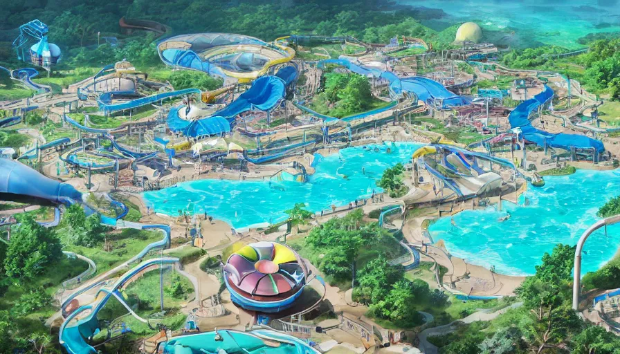 Prompt: A highly detailed matte painting of a huge empty water park with swimming pools, lazy rivers and water slides by Studio Ghibli, Makoto Shinkai, by Artgerm, by beeple, by Greg Rutkowski, volumetric lighting, octane render, 4K resolution, trending on artstation, masterpiece