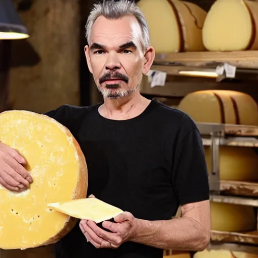 Image similar to billy bob thornton eating a large wheel of cheese,