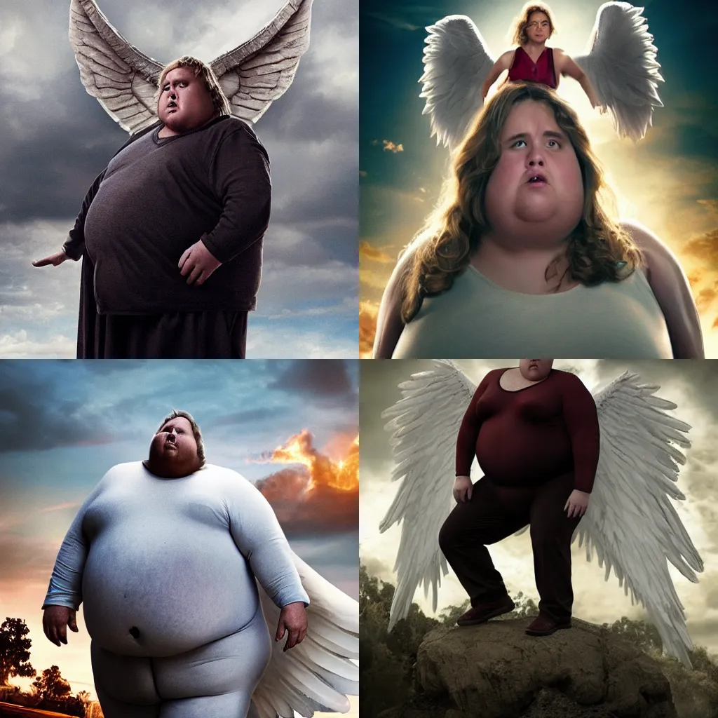 Prompt: morbidly obese angel has a hard time flying, film still, marvel studios, high budget, funny