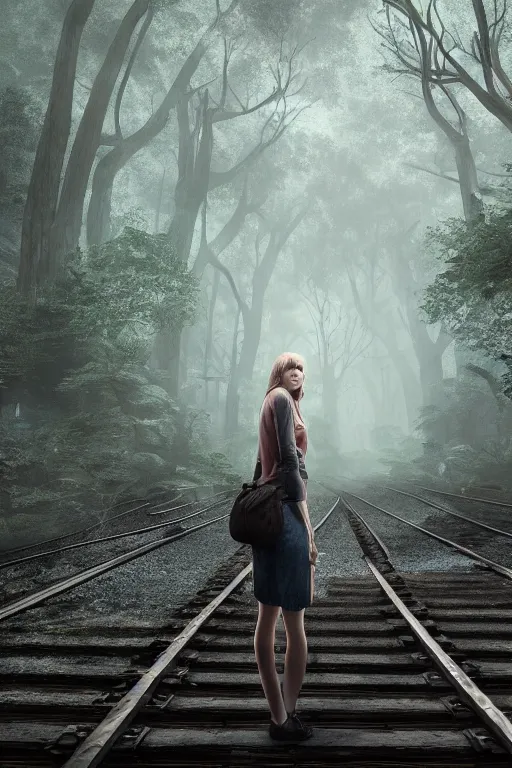 Image similar to Girl standing on the left at the old train station looking forward to the train, old train heading to station with lights on, dense creepy forest with a lot of detail, the tracks covered with vegetation, highly detailed, matte painting, 4k, 8k resolution, trending on artstation, octane render, unreal engine, cinematic
