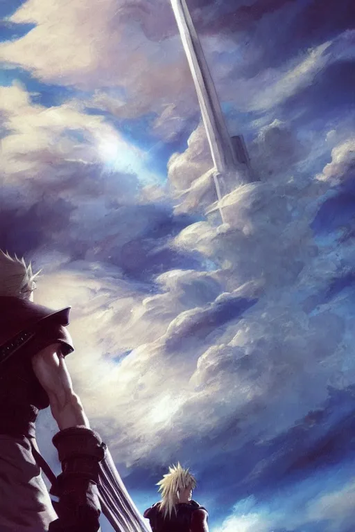 Image similar to Final Fantasy 7’s Cloud with a sword, concept art, by James Gurney and Jean Moebius Giraud, artstation.