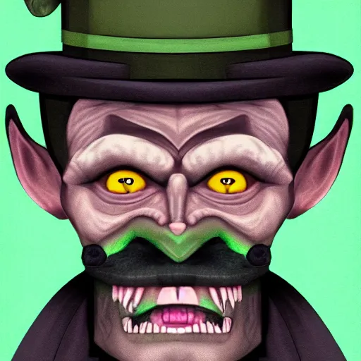 Image similar to a cartoonishly evil goblin, supervillain, top hat and luxurious moustache, green skin, cartoon style, d & d character portrait, victorian clothing, digital art, 8 k,