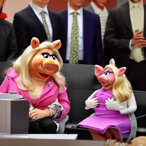 Image similar to a portrait of miss piggy smiling as sara netanyahu, neutral colors, warm, sharp